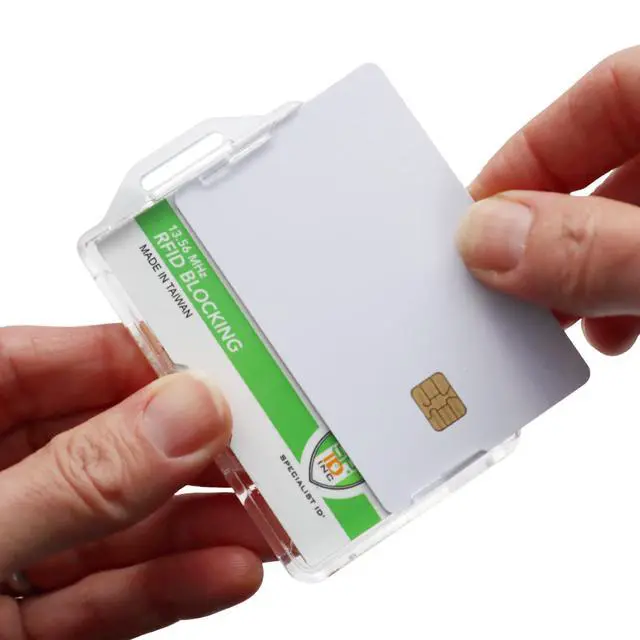 Alt view image 7 of 7 - 10 Pack - RFID Blocking Badge Holder - Secure 2 Card Holder for Government, HSPD-12, CAC, TWIC, PIV, Smart Cards - Durable Hard Plastic, Dual Sided, RFID Badge Protection (Clear)