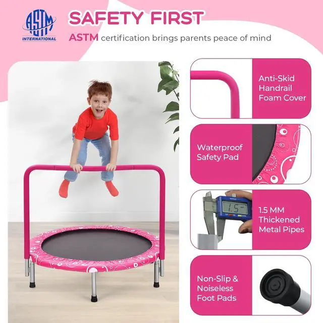 Alt view image 2 of 7 - Indoor Trampoline, 36 ASTM Approved Kids Trampoline with Removable Handrails & Safety Pad, Spring-Free Folding Mini Rebounder, Small Fitness Trampoline for Toddler/Adults