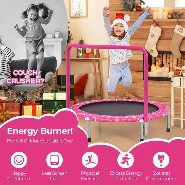 Alt view image 5 of 7 - Indoor Trampoline, 36 ASTM Approved Kids Trampoline with Removable Handrails & Safety Pad, Spring-Free Folding Mini Rebounder, Small Fitness Trampoline for Toddler/Adults