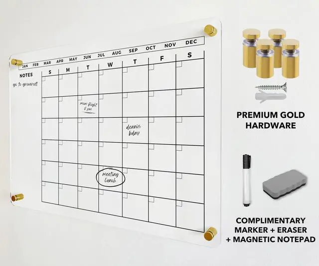 Alt view image 3 of 7 - Large Acrylic Calendar with Gold Hardware - Dry Erase Monthly Acrylic Planner - Calendar 2026 Family Dry Erase Wall Calendar (24x18" (Regular) - Gold Standoff)
