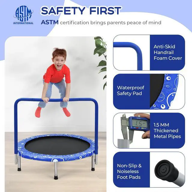 Alt view image 2 of 7 - Indoor Trampoline, 36 ASTM Approved Kids Trampoline with Removable Handrails & Safety Pad, Spring-Free Folding Mini Rebounder, Small Fitness Trampoline for Toddler/Adults