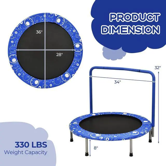 Alt view image 6 of 7 - Indoor Trampoline, 36 ASTM Approved Kids Trampoline with Removable Handrails & Safety Pad, Spring-Free Folding Mini Rebounder, Small Fitness Trampoline for Toddler/Adults
