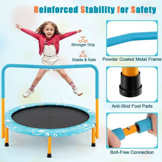 Alt view image 5 of 7 - Indoor Trampoline, 36 ASTM Approved Kids Trampoline with Removable Handrails & Safety Pad, Spring-Free Folding Mini Rebounder, Small Fitness Trampoline for Toddler/Adults