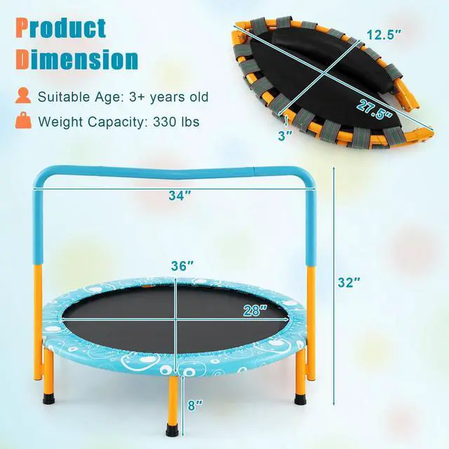 Alt view image 7 of 7 - Indoor Trampoline, 36 ASTM Approved Kids Trampoline with Removable Handrails & Safety Pad, Spring-Free Folding Mini Rebounder, Small Fitness Trampoline for Toddler/Adults