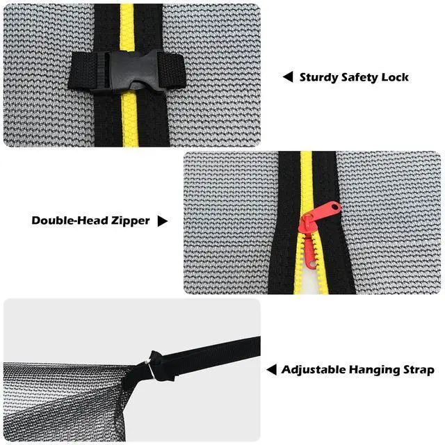 Alt view image 2 of 7 - Trampoline Safety Net w/Adjustable Straps, 8 10 12 14 15 16Ft Weather-Resistant Replacement Enclosure Net with Double-Headed Zipper, Protection Buckle, Poles Not Included