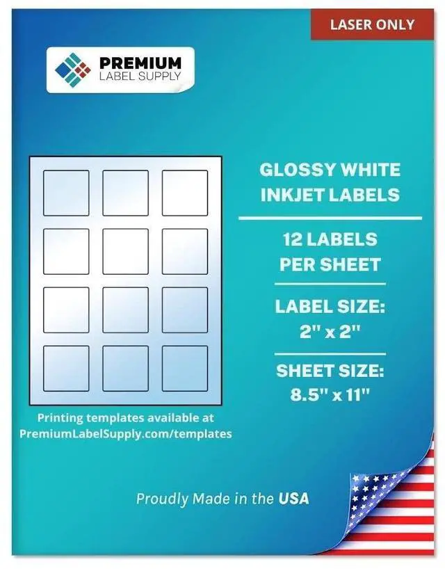 Main image of Glossy White Sticker Square Labels with Bleed 2" x 2" (12 per Sheet) (Glossy White for Laser Only, 1200 Labels)
