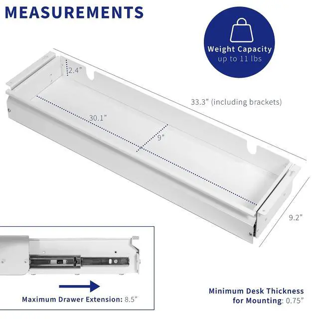 Alt view image 3 of 7 - Large 33 inch Under Desk Slide Out Storage Drawer Organizer, White, DESK-DR33-W