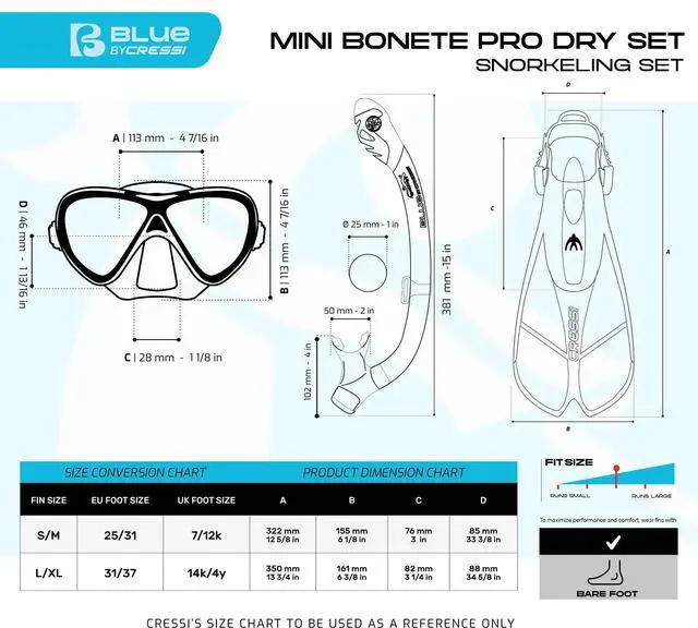 Alt view image 5 of 5 - Youth Snorkel Set for Kids Ages 3 to 8 - Short Adjustable Fins, Silicone Mask, Dry Snorkel - Mini Bonete Pro Dry Set