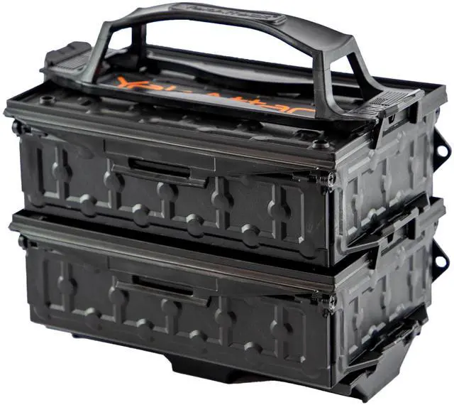 Main image of Fully Loaded TracPak Combo Kit - Black | Includes 2 Stackable Storage Boxes | Quick Release Handle & Base | 3 Internal Trays | Track & Surface Mount Hardware | Made in USA