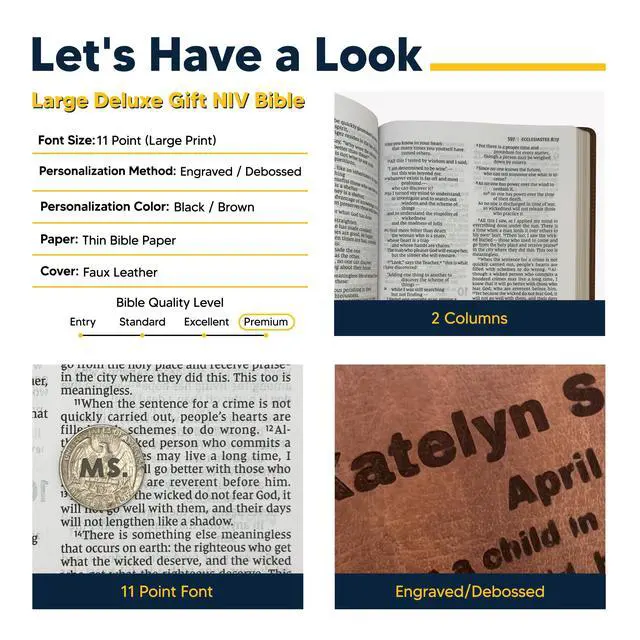 Alt view image 2 of 7 - Personalized NIV Large Print Bible for Adults, Name Engraved, Standard Size | Customize Your Brown Faux Leather Bible Your Way, Red Letter, Presentation Page, Thinline, Ribbon Markers & 2-Column