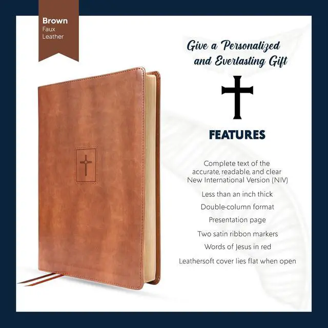Alt view image 5 of 7 - Personalized NIV Large Print Bible for Adults, Name Engraved, Standard Size | Customize Your Brown Faux Leather Bible Your Way, Red Letter, Presentation Page, Thinline, Ribbon Markers & 2-Column