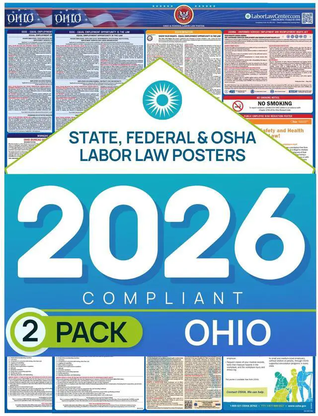 Main image of Ohio 2026 Labor Law Poster State & Federal Compliance OSHA, EEOC, FMLA, Minimum Wage Durable, Laminated & Waterproof Workplace Employment Poster Made in USA 26 x 39.5, 2-Pack