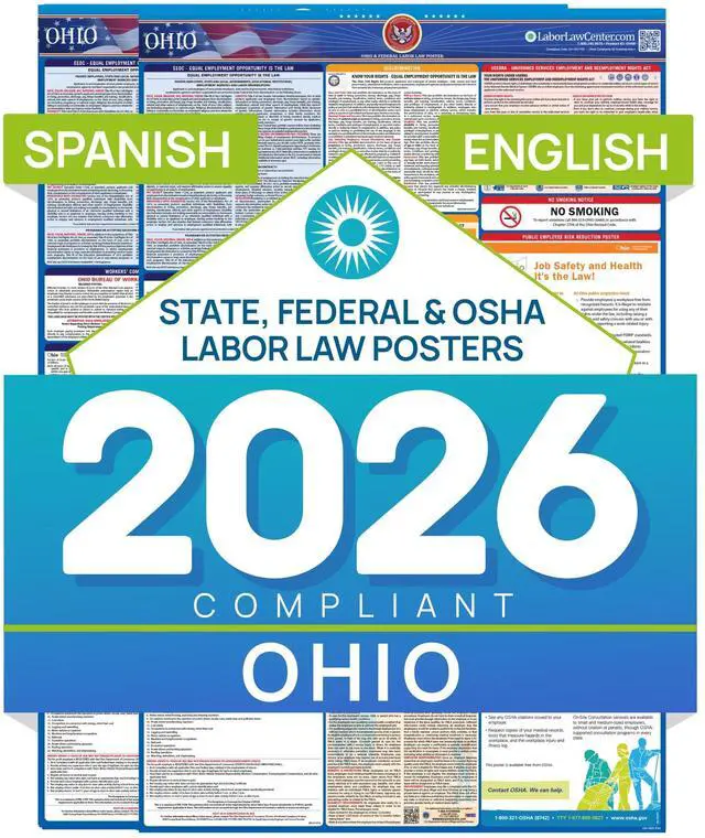 Main image of Ohio 2026 Labor Law Posters Bundle English & Spanish Compliance Combo OSHA, EEOC, FMLA, Minimum Wage Durable, Laminated & Waterproof Workplace Employment Posters Made in USA 26 x 39.5