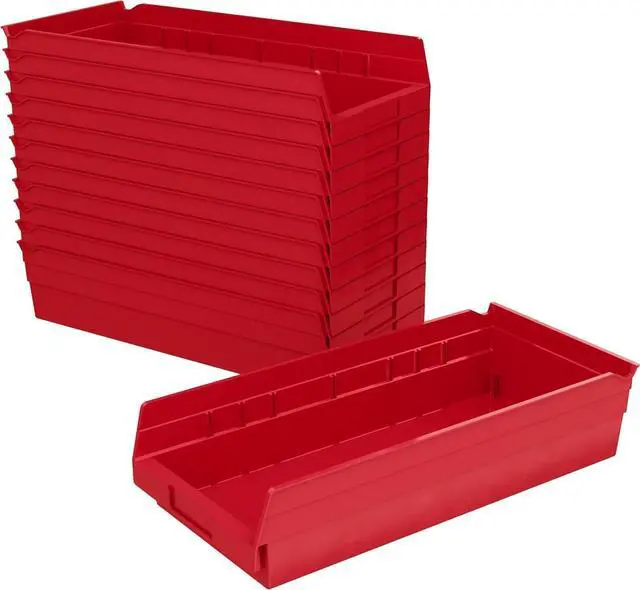 Main image of 30158 Plastic Shelf Bins, Heavy Duty Storage Bins for Garage, Closet, and Drawer Organization, 18-Inch x 8-Inch x 4-Inch, Red, 12-Pack