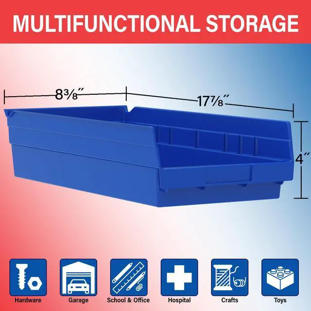 Alt view image 3 of 7 - 30158 Plastic Shelf Bins, Heavy Duty Storage Bins for Garage, Closet, and Drawer Organization, 18-Inch x 8-Inch x 4-Inch, Red, 12-Pack