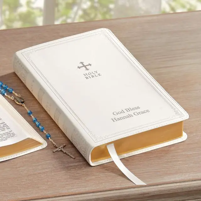 Alt view image 2 of 7 - Personalized Catholic Bible - New & Old Testament - White - Gift of Faith - Customized with Message - 9.4" L x 6" W - Catholic Bible - White Cover