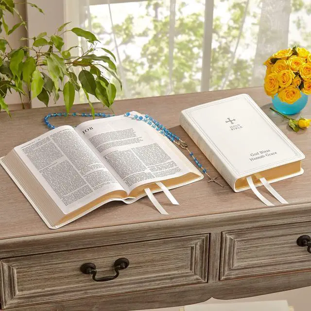 Alt view image 4 of 7 - Personalized Catholic Bible - New & Old Testament - White - Gift of Faith - Customized with Message - 9.4" L x 6" W - Catholic Bible - White Cover