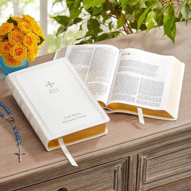 Alt view image 3 of 7 - Personalized Catholic Bible - New & Old Testament - White - Gift of Faith - Customized with Message - 9.4" L x 6" W - Catholic Bible - White Cover