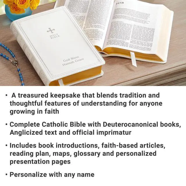 Alt view image 5 of 7 - Personalized Catholic Bible - New & Old Testament - White - Gift of Faith - Customized with Message - 9.4" L x 6" W - Catholic Bible - White Cover