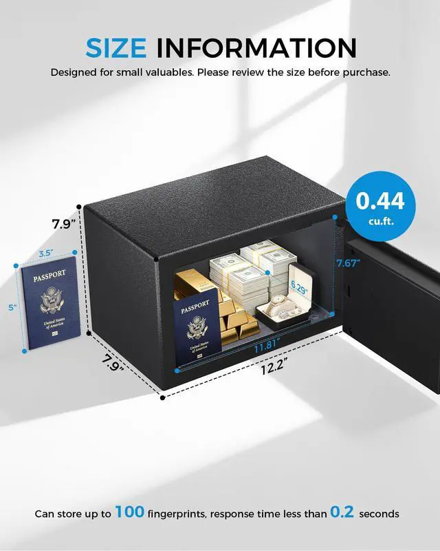 Alt view image 2 of 7 - Safe Box 0.44 Cubic Feet for College Dorm Room with Electronic Keypad and Fingerprint, Shelf, Wall Mount Kit, Hidden Home Safe for Money, Jewelry and Passport