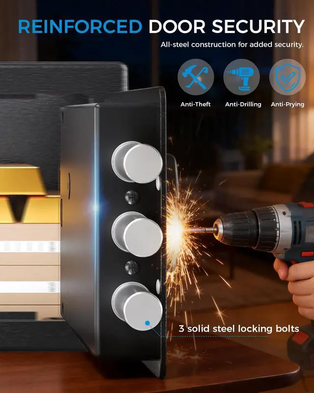 Alt view image 4 of 7 - Safe Box 0.44 Cubic Feet for College Dorm Room with Electronic Keypad and Fingerprint, Shelf, Wall Mount Kit, Hidden Home Safe for Money, Jewelry and Passport