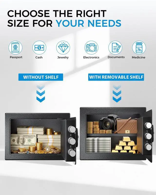 Alt view image 7 of 7 - Safe Box 0.44 Cubic Feet for College Dorm Room with Electronic Keypad and Fingerprint, Shelf, Wall Mount Kit, Hidden Home Safe for Money, Jewelry and Passport