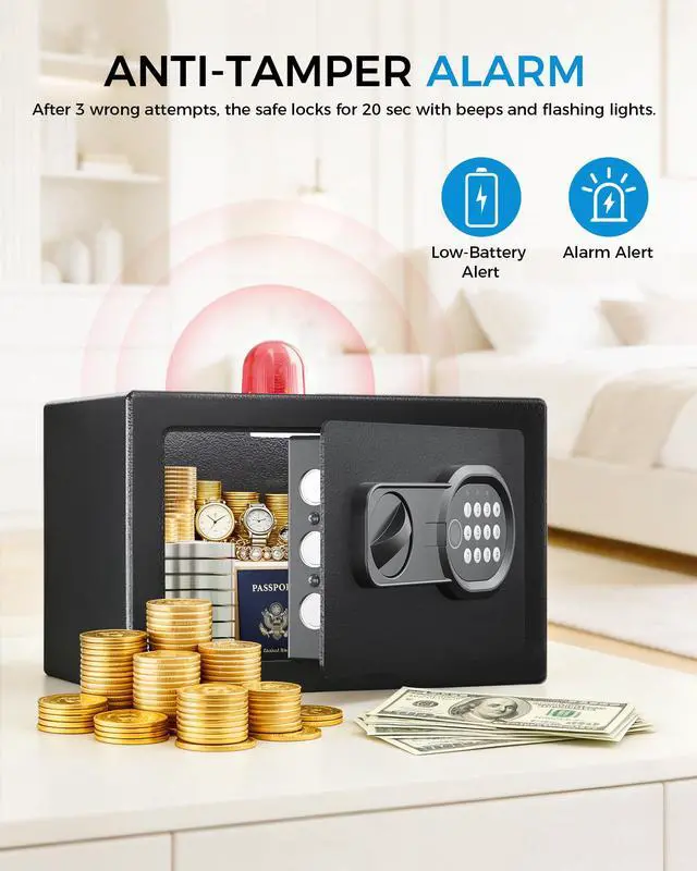 Alt view image 5 of 7 - Safe Box 0.44 Cubic Feet for College Dorm Room with Electronic Keypad and Fingerprint, Shelf, Wall Mount Kit, Hidden Home Safe for Money, Jewelry and Passport