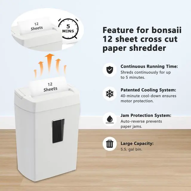 Alt view image 5 of 6 - Heavy-Duty Cross-Cut Shredder, Handles up to 12 Sheets at Once, Providing P-4 high Security, Credit Cards, Mail & taples, 5.5-Gallon bin with a Transparent Window, Use in Home Offices, White