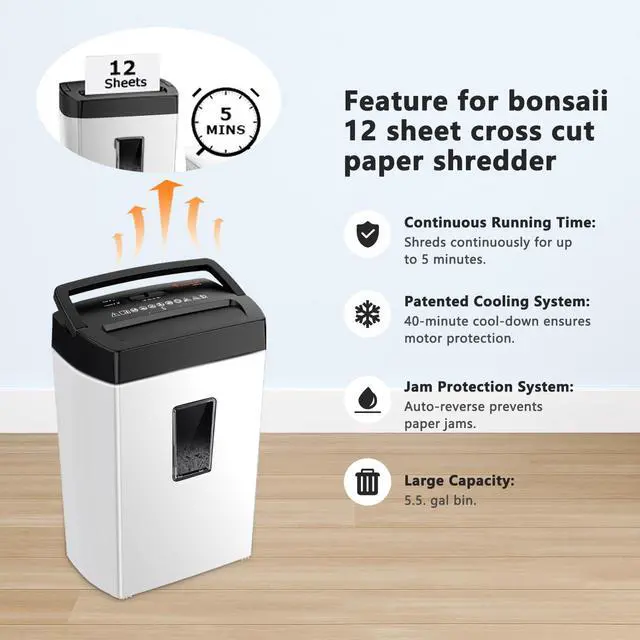 Alt view image 5 of 6 - Heavy-Duty Shredder, Up to 12 Sheets, P-4 high Security, Credit Cards, Mail, & Staples, 5.5-Gallon bin with a Transparent Window, Suitable for Heavy-Duty use in Home Offices, White & Black