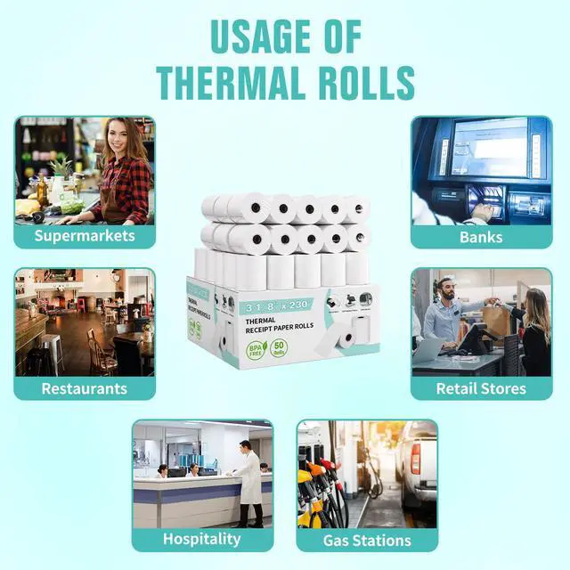 Alt view image 5 of 7 - 3 1/8 x 220 Thermal Receipt Paper 50 Rolls Printer Paper 45 GSM - Compatible with ALL POS Systems, Cash Registers, Thermal Receipt Rolls