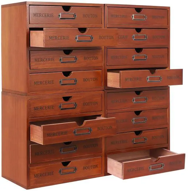 Main image of Vintage Drawer Wooden Drawers Organizer, 16-Drawer Desktop Organizer With Drawers, Iron Label Holders, Brown, For Store Cosmetics, Files, Books, Letters, Papers, Magazines