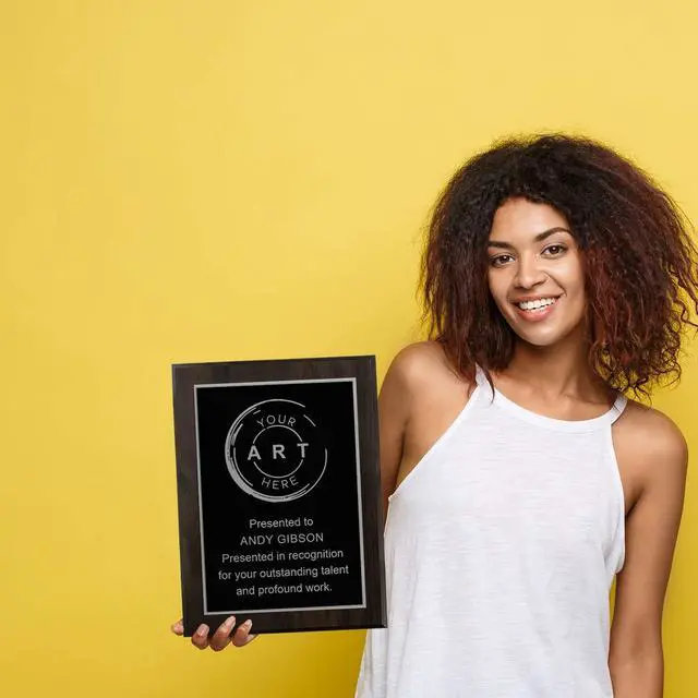 Alt view image 4 of 6 - Custom Laser Engraved Award Plaque, Personalized Recognition Plaque with Black Plate and Gold or Silver Engraving, Multiple Wood Finishes for Employee, Corporate & Achievement Awards | Custom