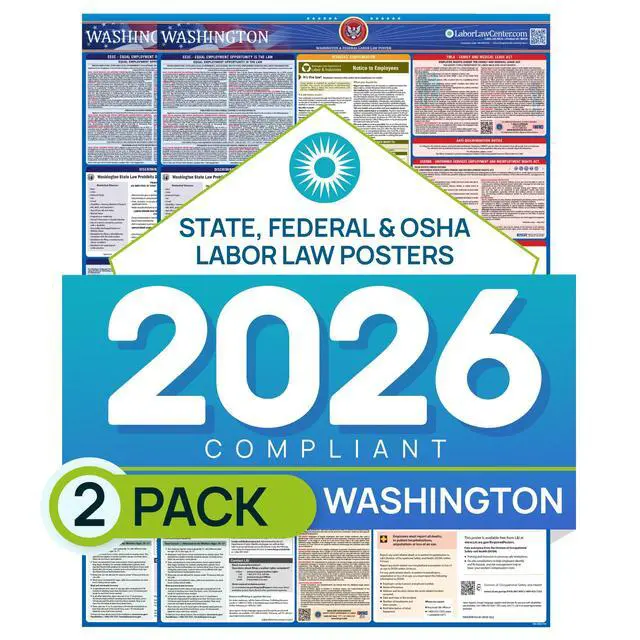Main image of Washington 2026 Labor Law Poster State & Federal Compliance OSHA, EEOC, FMLA, Minimum Wage Durable, Laminated & Waterproof Workplace Employment Poster Made in USA 26 x 39.5, 2-Pack