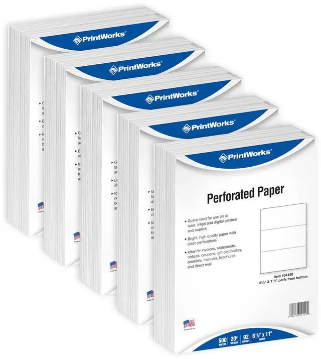 Main image of Professional 3 Part Perforated Paper 8.5 x 11 - Perfect For W-2, 1099, & Statement Use - Made in the USA - 2500 Sheets - 20 lb - Printer Compatible - White (04120C)
