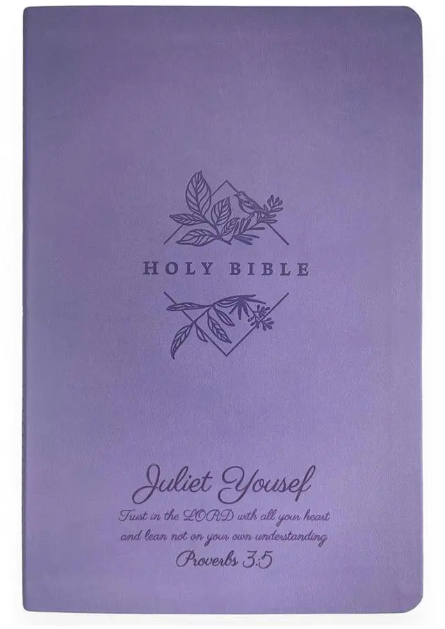 Main image of Personalized NLT Large Print Bible for Women, Name Engraved, Standard Size | Customize Your Dark Purple Faux Leather Bible Your Way, Stay-Open Lay-Flat, Easy-Read Two-Column, Christian Occasion Gift