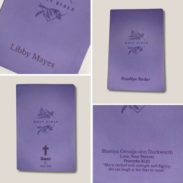 Alt view image 4 of 7 - Personalized NLT Large Print Bible for Women, Name Engraved, Standard Size | Customize Your Dark Purple Faux Leather Bible Your Way, Stay-Open Lay-Flat, Easy-Read Two-Column, Christian Occasion Gift