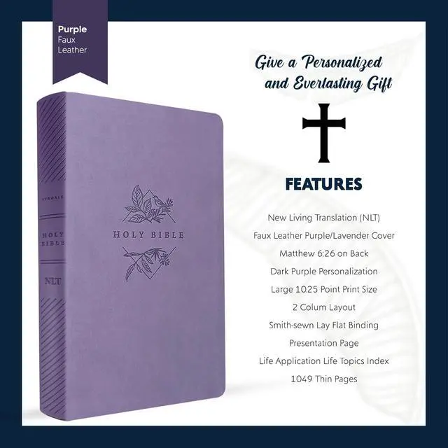 Alt view image 5 of 7 - Personalized NLT Large Print Bible for Women, Name Engraved, Standard Size | Customize Your Dark Purple Faux Leather Bible Your Way, Stay-Open Lay-Flat, Easy-Read Two-Column, Christian Occasion Gift