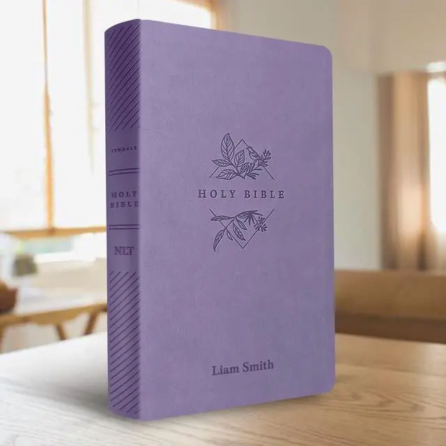 Alt view image 7 of 7 - Personalized NLT Large Print Bible for Women, Name Engraved, Standard Size | Customize Your Dark Purple Faux Leather Bible Your Way, Stay-Open Lay-Flat, Easy-Read Two-Column, Christian Occasion Gift