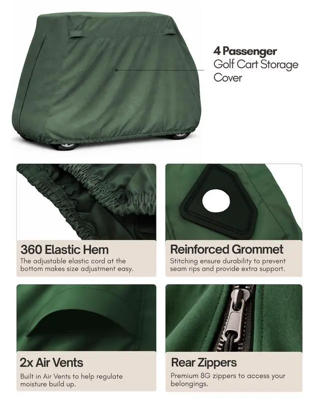 Alt view image 4 of 6 - Golf Cart Cover 4 Seater roof up to 80" L Green, fits EZGO, Club Car and Yamaha G/YDR Model