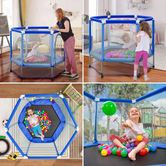 Alt view image 3 of 7 - 55" Indoor/Outdoor Kids Jumper: Safety Enclosure Net, Ball Pit Included | 4.5FT Mini Trampoline for Toddlers & Babies 3+ Months