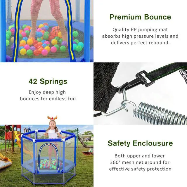 Alt view image 5 of 7 - 55" Indoor/Outdoor Kids Jumper: Safety Enclosure Net, Ball Pit Included | 4.5FT Mini Trampoline for Toddlers & Babies 3+ Months