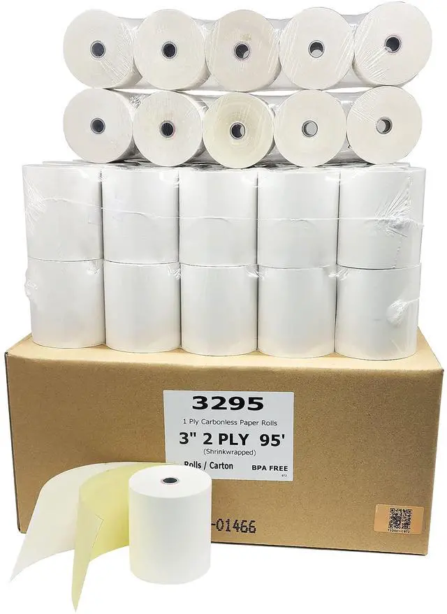 Main image of (40 Rolls) 3" X 95 Feet 2Ply Carbonless Rolls (Made in USA) White/Yellow Receipt Paper POS Cash Register Two Ply White/Canary for SP700 SP2000 UP389 Omni 480 TMU 220 250 Require Ribbons ERC30/34/38