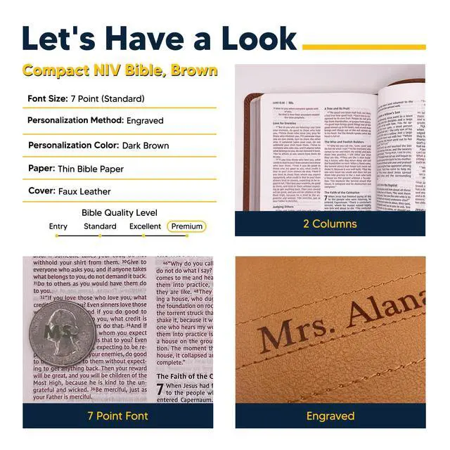 Alt view image 2 of 7 - Personalized NIV Small Compact Bible New International Version Faux Leather Holy Bible Small Print with Debossed Custom Name Up to 2 Rows of Text, Gift for Christian & Religious Celebrations, Brown