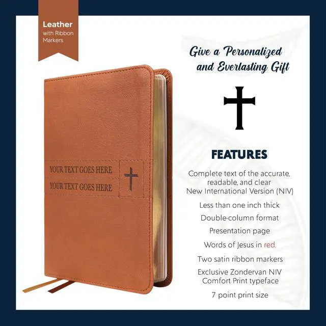 Alt view image 5 of 7 - Personalized NIV Small Compact Bible New International Version Faux Leather Holy Bible Small Print with Debossed Custom Name Up to 2 Rows of Text, Gift for Christian & Religious Celebrations, Brown
