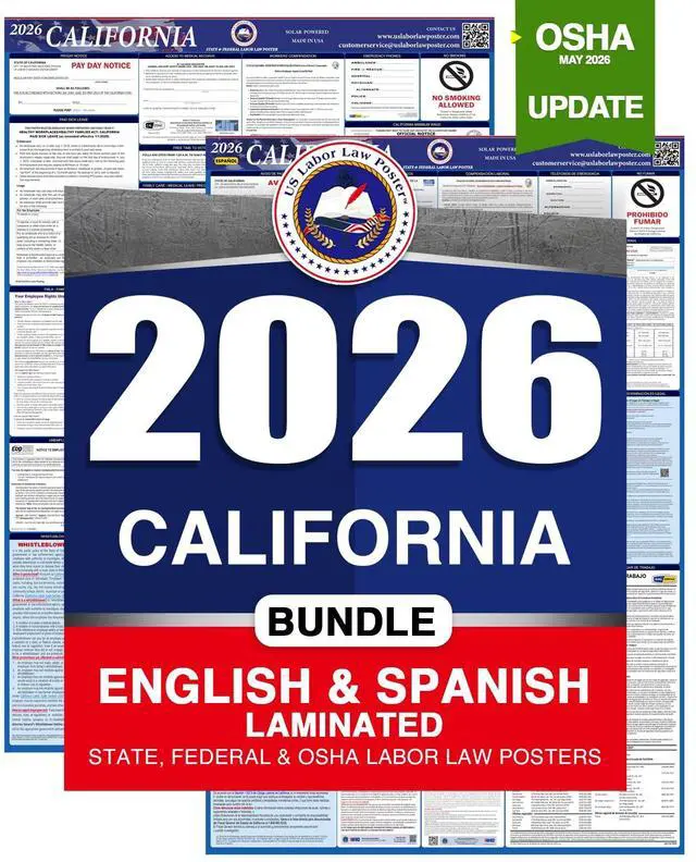 Main image of 2026 California CA All-in-One Workplace Compliance & Labor Law Poster (Federal State & OSHA) English and Spanish Bundle Laminated