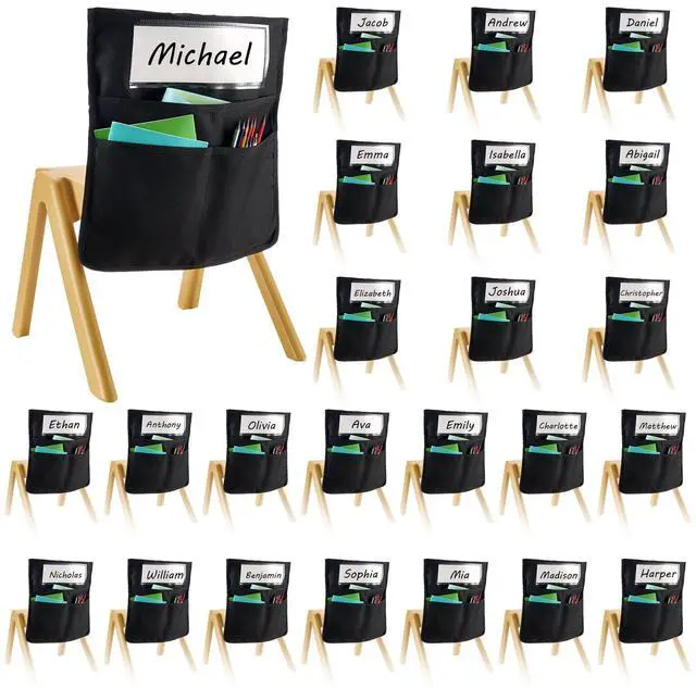Main image of Chair Pockets for Classroom, 24 Pack, 14 x 15 Inches Chairback Buddy Pocket with Name Tag, Back of Chair Organizer for Kids in Classroom, Kindergarten, School, and Home, Black