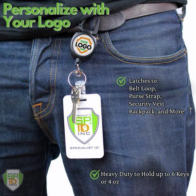 Alt view image 3 of 7 - 5 Pack - Heavy Duty Custom Badge Reel Photo or Logo Personalized Sidekick Retractable Carabiner Badge Holder - Durable Customized No Twist ID Retractor w/Key Ring and I'd Card Clip