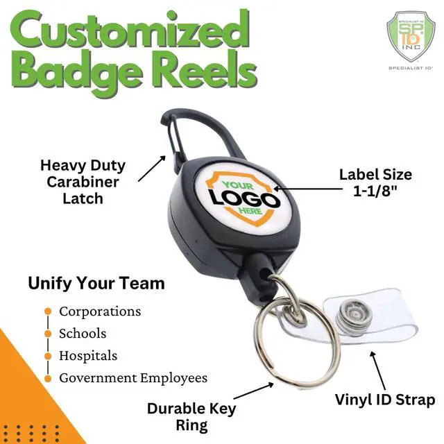 Alt view image 2 of 7 - 5 Pack - Heavy Duty Custom Badge Reel Photo or Logo Personalized Sidekick Retractable Carabiner Badge Holder - Durable Customized No Twist ID Retractor w/Key Ring and I'd Card Clip