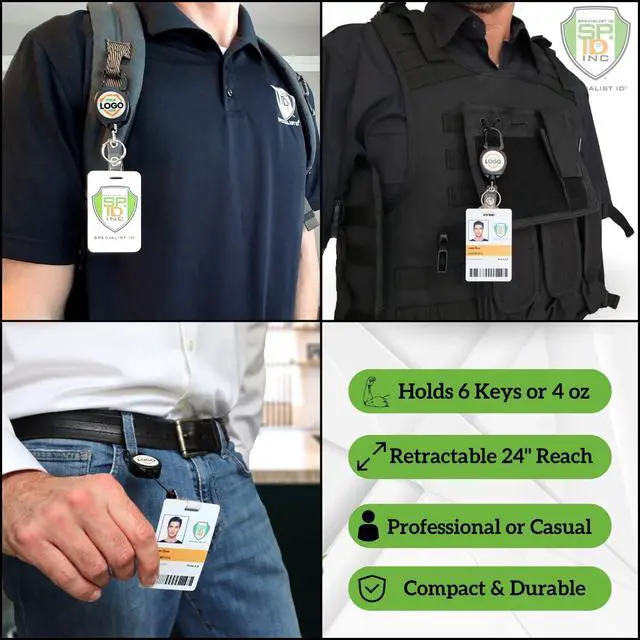 Alt view image 4 of 7 - 5 Pack - Heavy Duty Custom Badge Reel Photo or Logo Personalized Sidekick Retractable Carabiner Badge Holder - Durable Customized No Twist ID Retractor w/Key Ring and I'd Card Clip