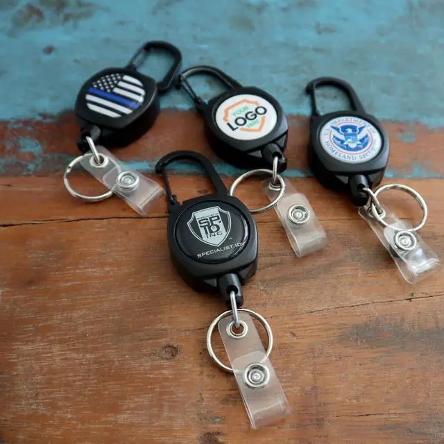 Alt view image 5 of 7 - 5 Pack - Heavy Duty Custom Badge Reel Photo or Logo Personalized Sidekick Retractable Carabiner Badge Holder - Durable Customized No Twist ID Retractor w/Key Ring and I'd Card Clip